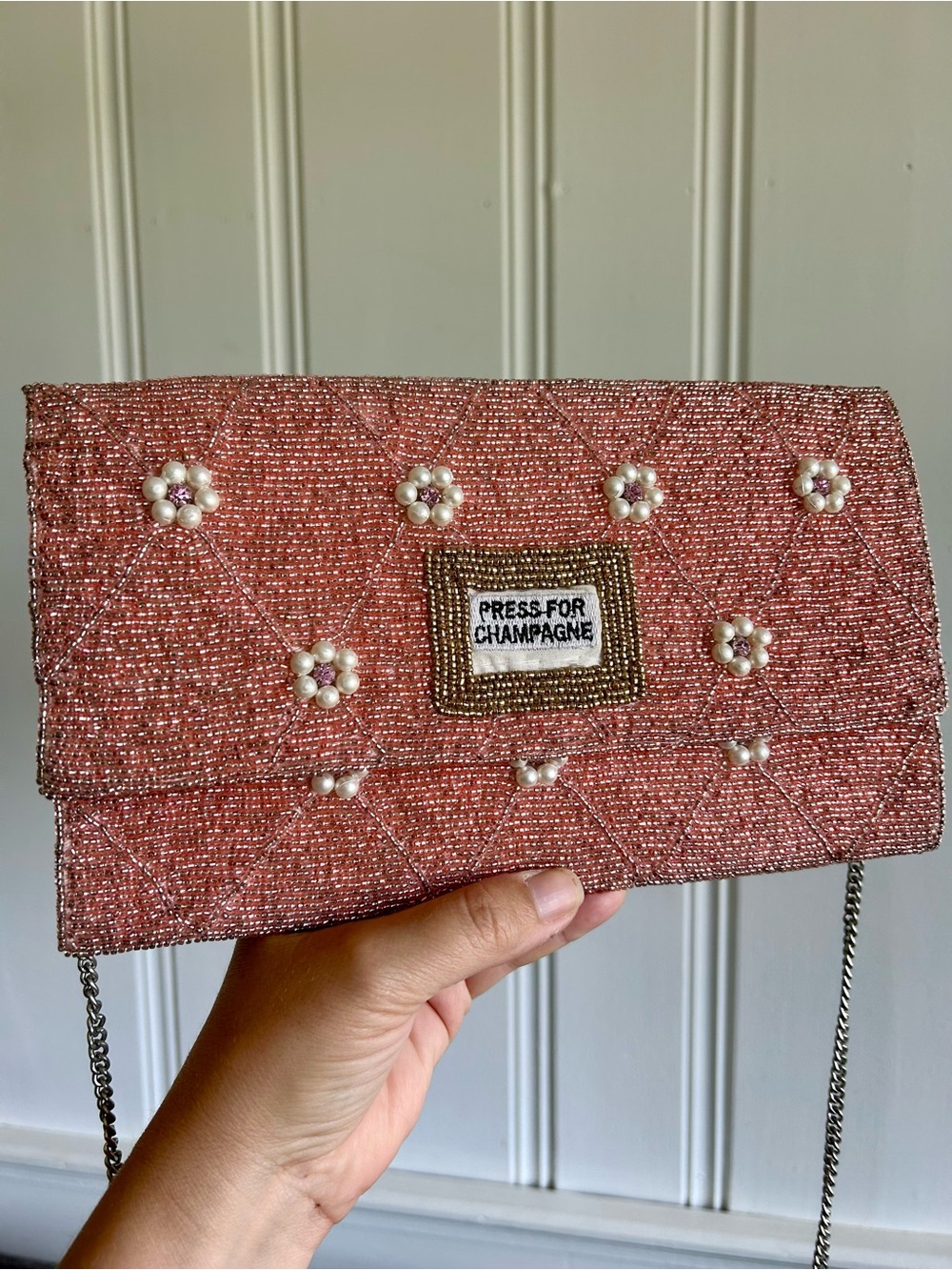 Press for Champagne Pink Beaded Clutch Bag